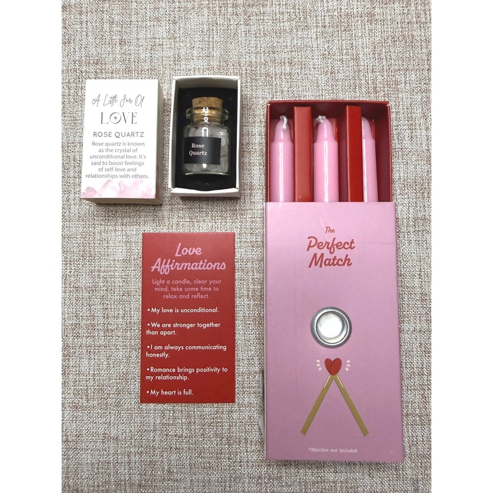 Love Affirmation Candles and Rose Quartz Crystal Gift Set Pink Taper Candles